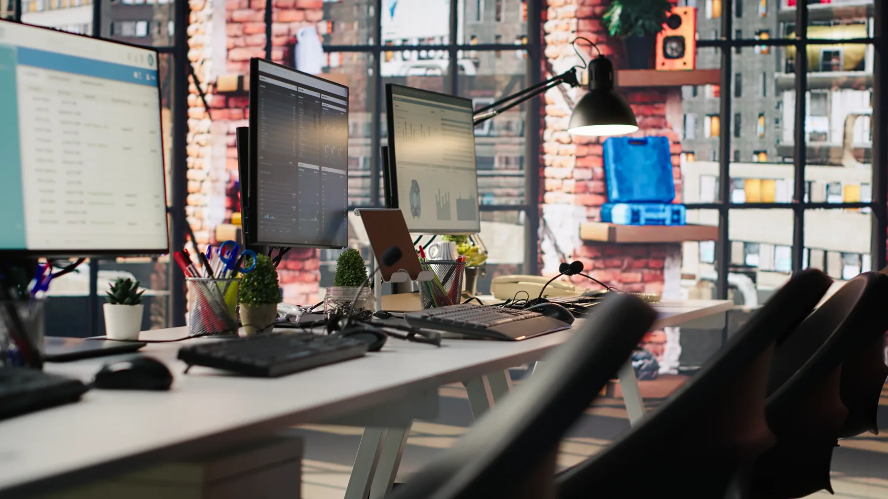 Modern digital workspace with multiple computer screens